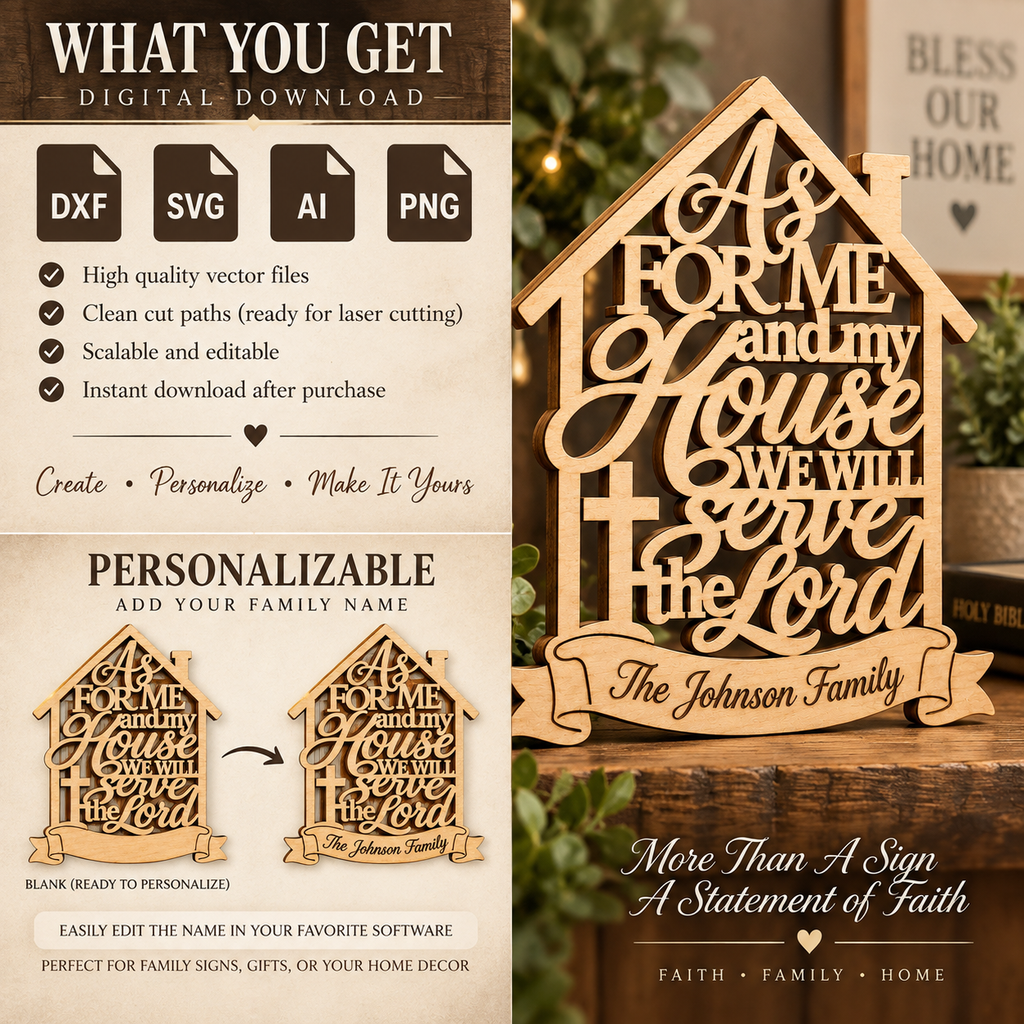 Personalized Family Name House Sign | Joshua 24:15 Christian Laser Cut File (Digital Download)