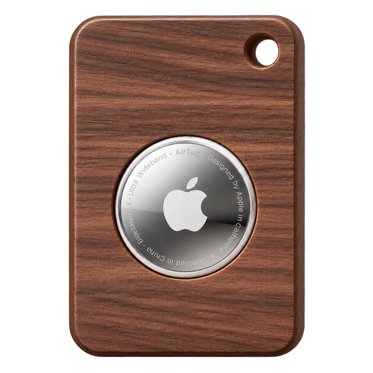 Preview of the walnut AirTag case with a silver Apple AirTag