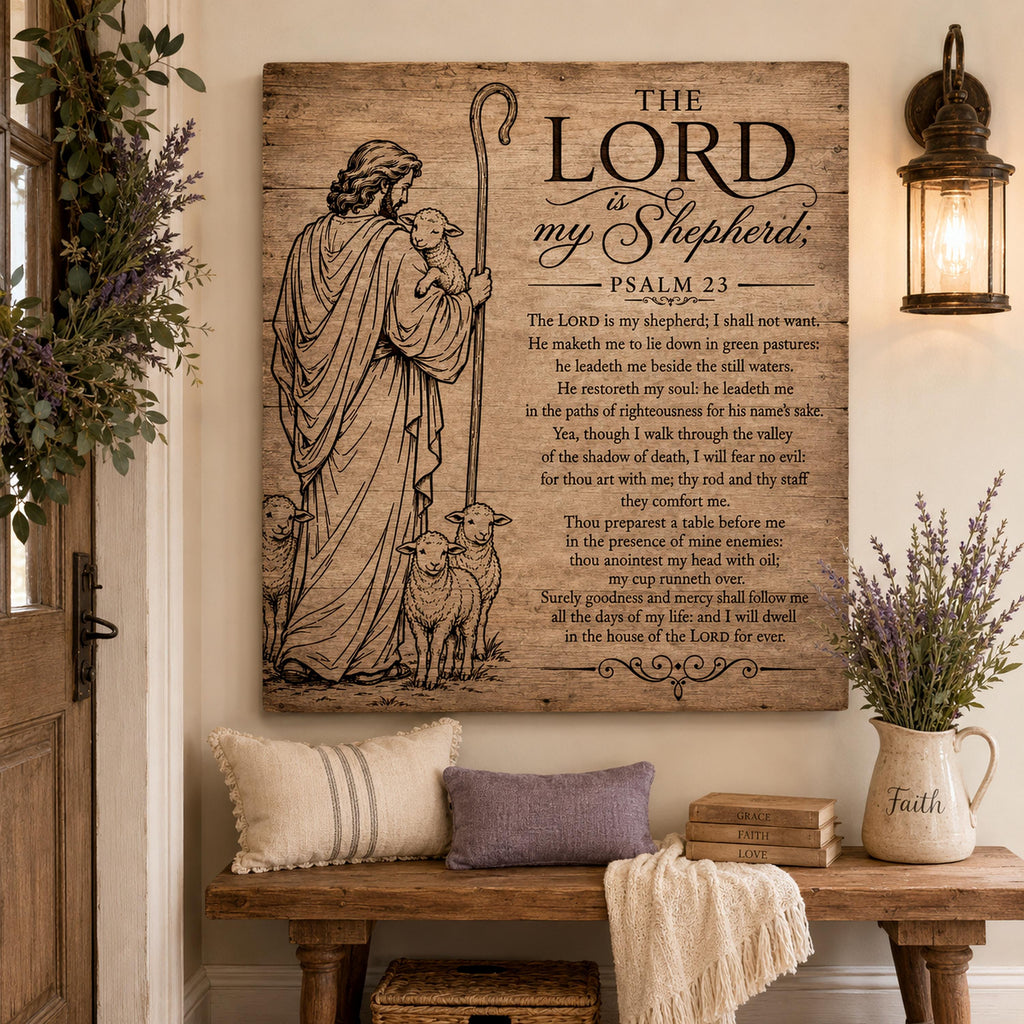 Psalm 23 SVG Shepherd and Three Sheep Full Verse Design