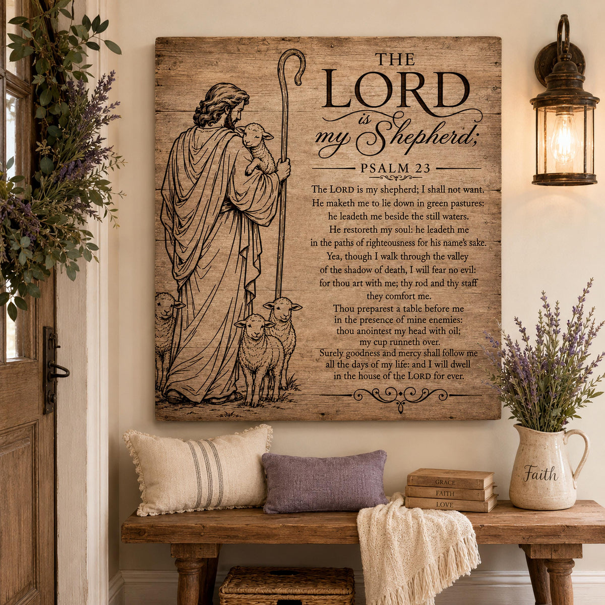 Psalm 23 SVG Shepherd and Three Sheep Full Verse Design