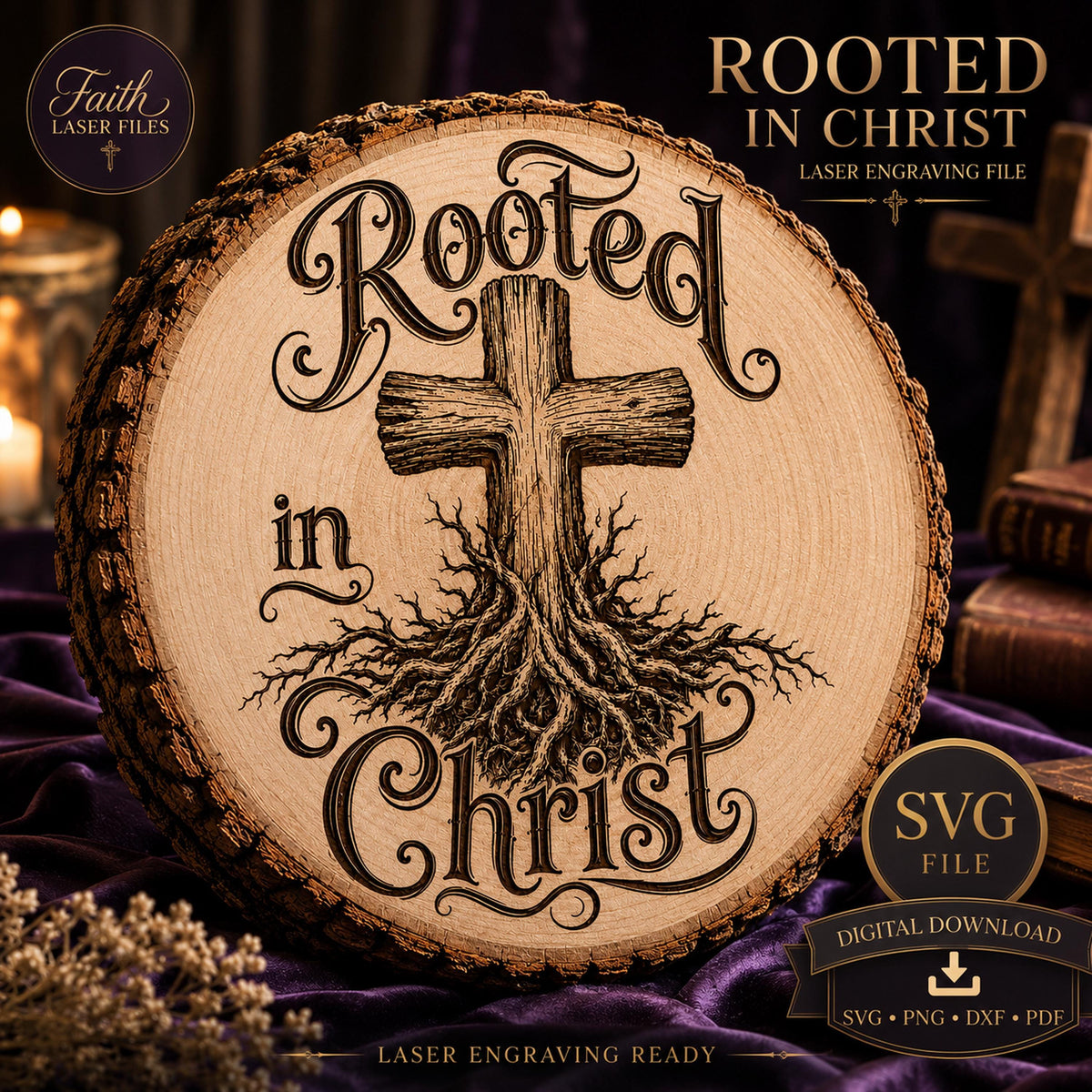 Rooted in Christ SVG, Christian Cross Laser Engraving File