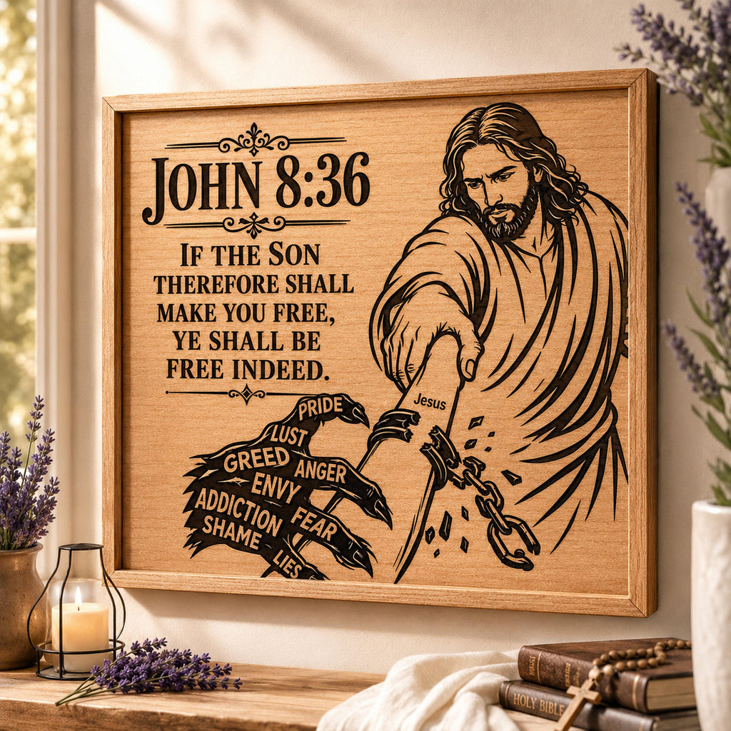 Jesus Freedom SVG, John 8:36 Bible Verse, Free Indeed Christian Wall Art, Addiction Recovery Laser Engraving File
