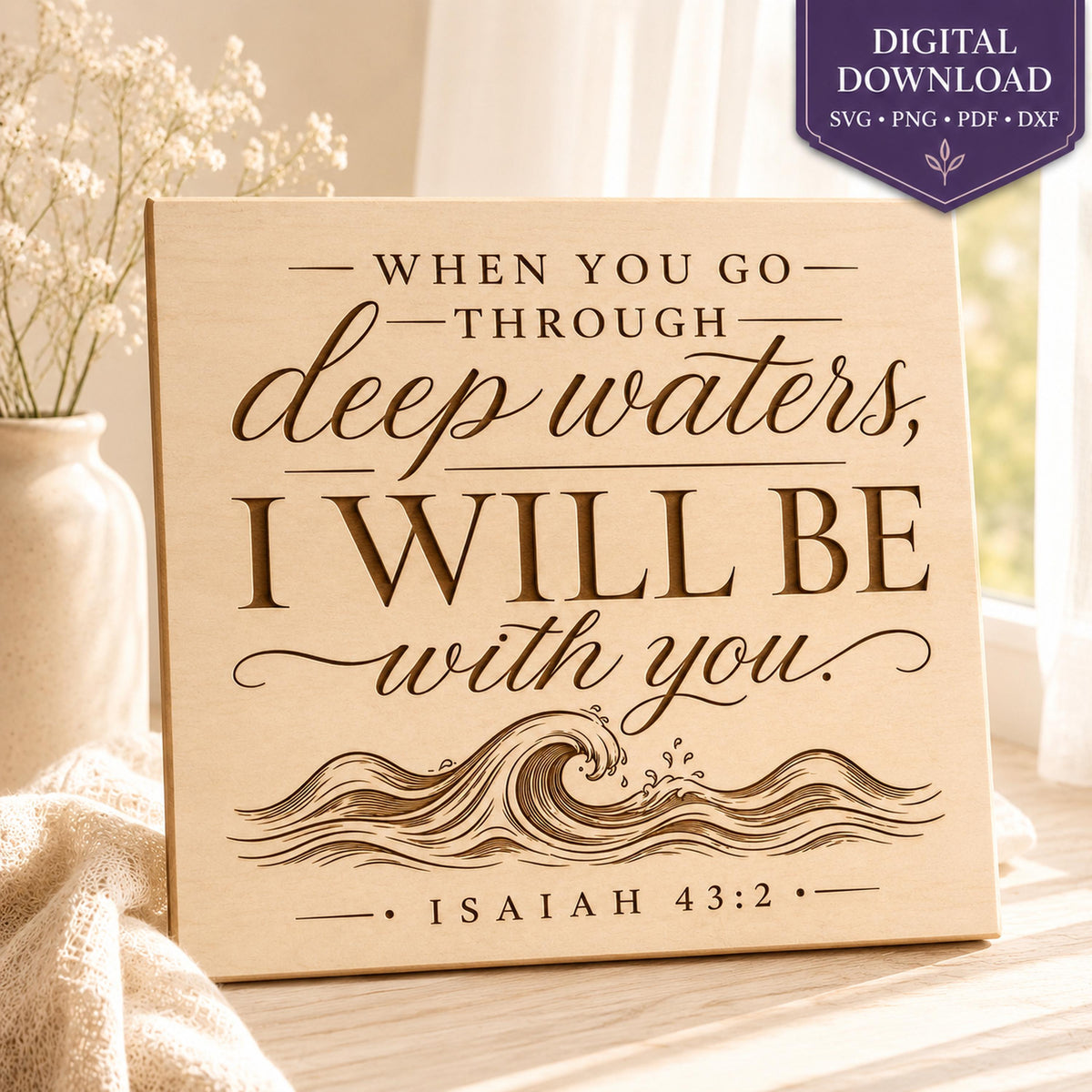 Isaiah 43:2 SVG, Through Deep Waters Bible Verse, Christian Encouragement Gift, Laser Engraving File