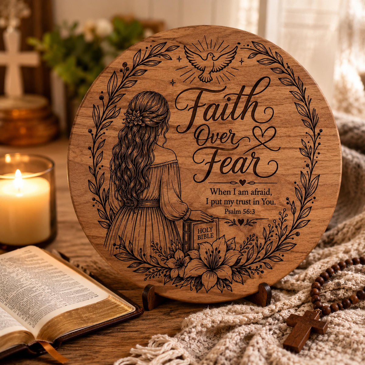 Faith Over Fear Christian Wall Art SVG, Psalm 56:3 Laser Engraving File