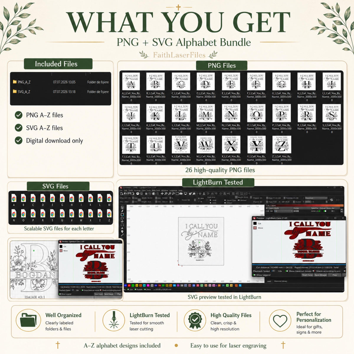 Split Monogram SVG Bundle: A-Z Floral Alphabet for Personalized Laser Engraving