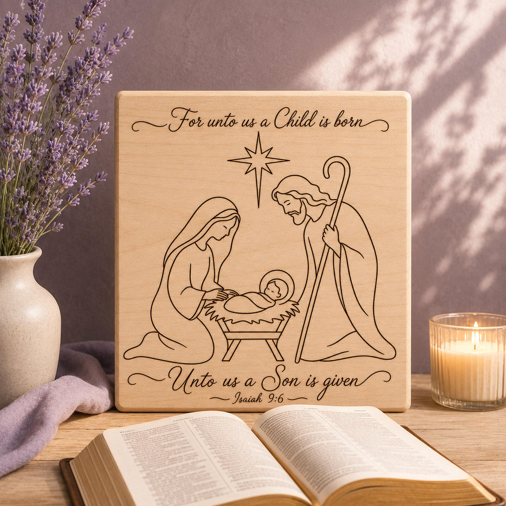 Nativity SVG, For Unto Us a Child Is Born Isaiah 9:6 Christmas Laser File