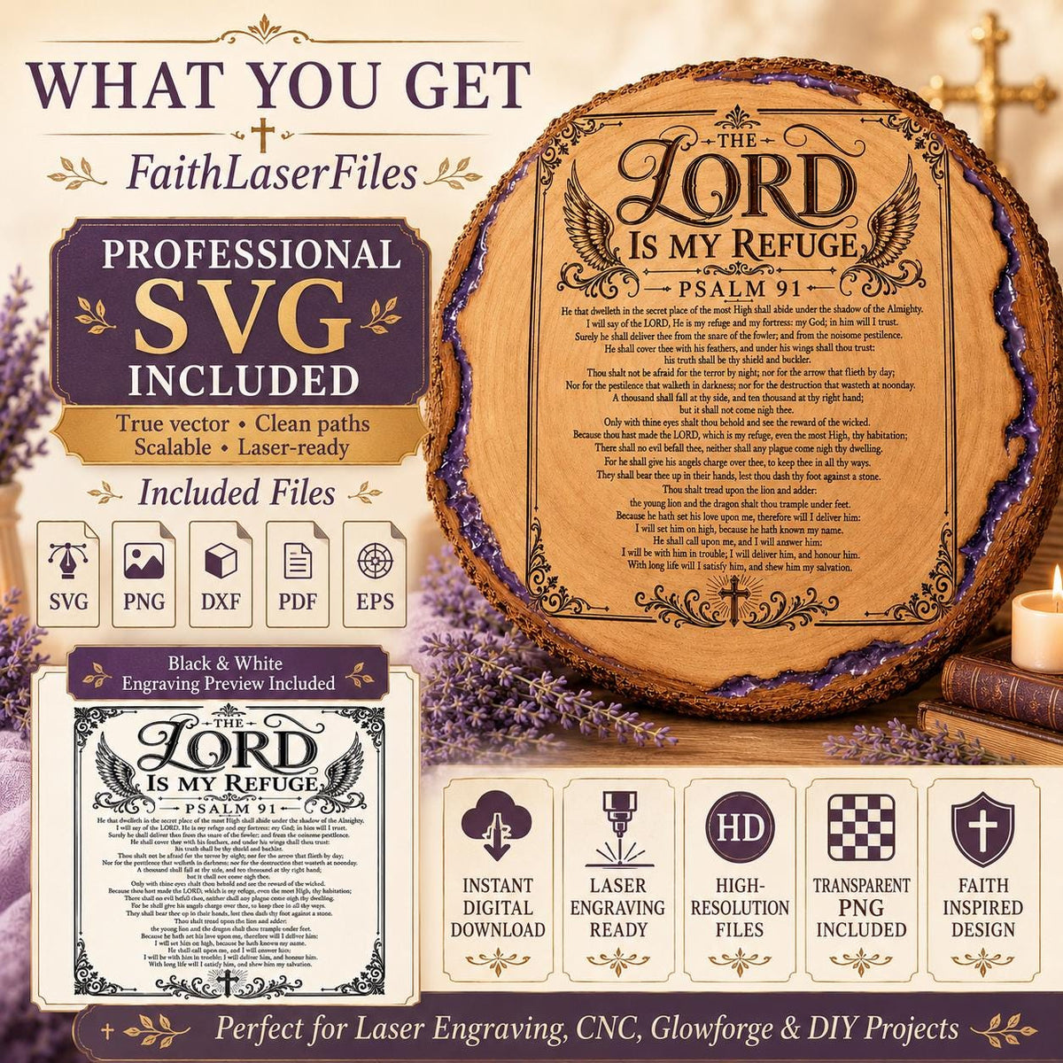 Psalm 91 SVG, Full KJV Protection Prayer Laser Engraving File