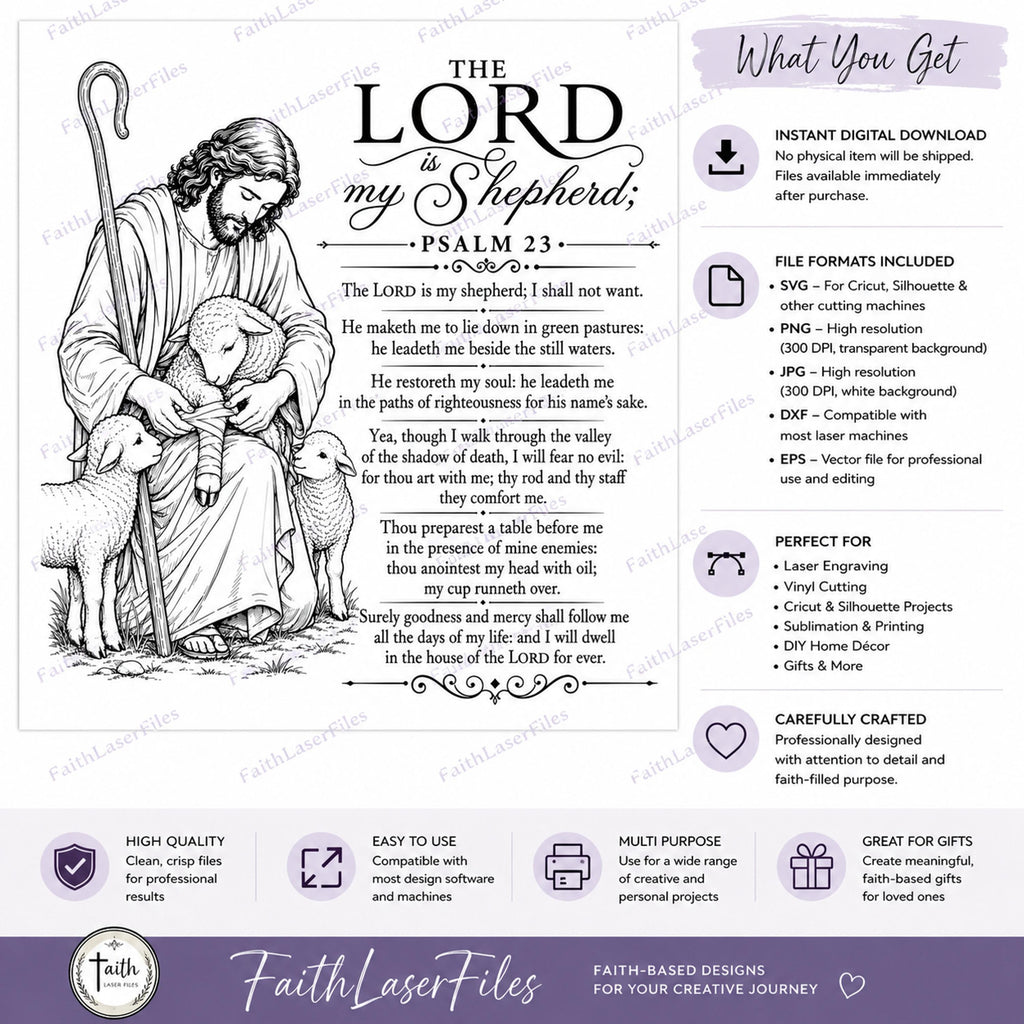 Psalm 23 Shepherd SVG, Christian Laser Engraving File