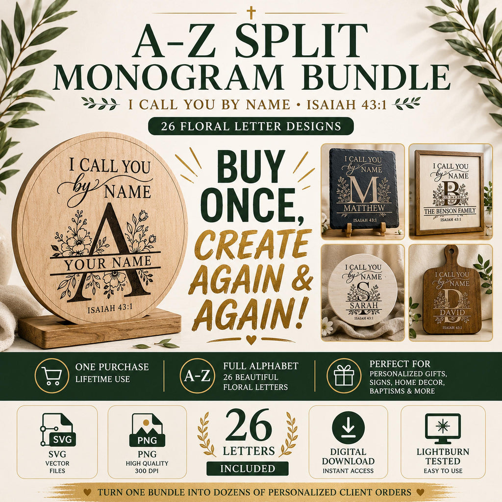 Split Monogram SVG Bundle: A-Z Floral Alphabet for Personalized Laser Engraving