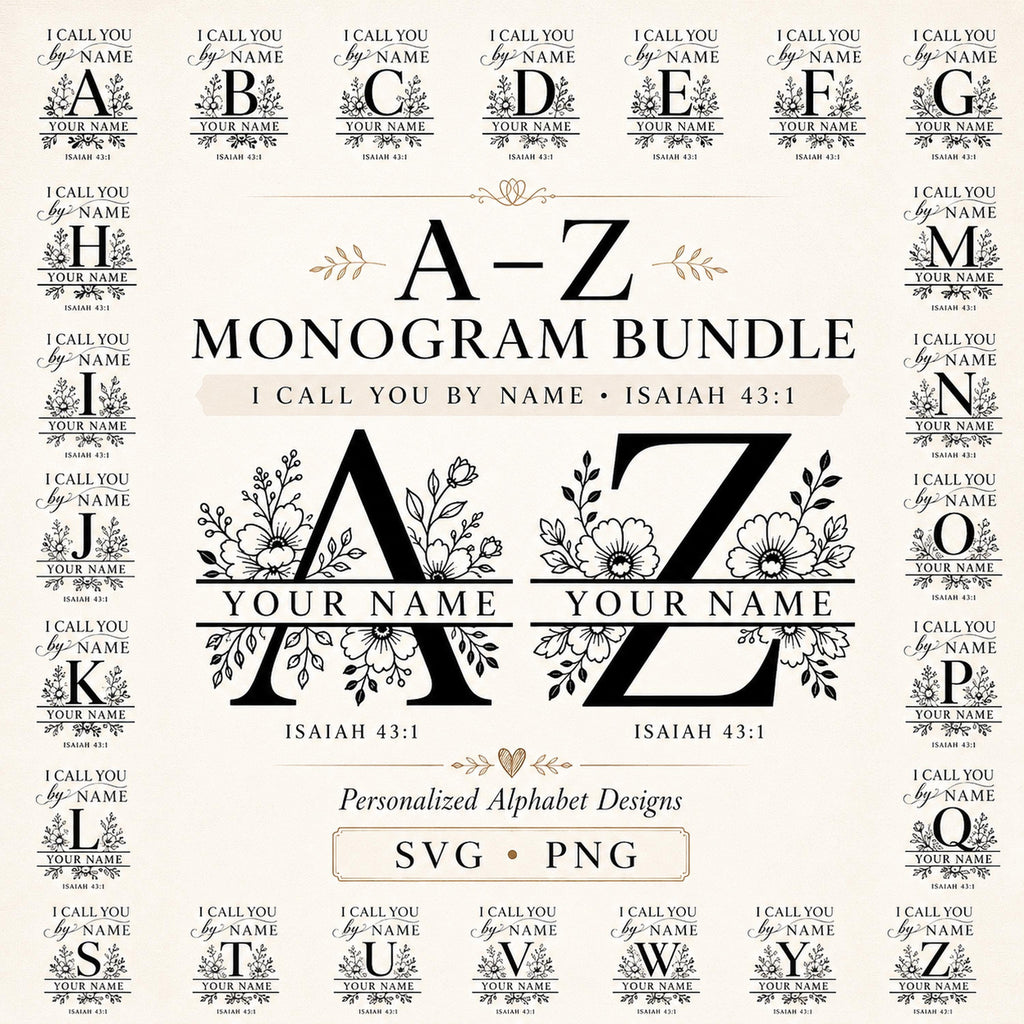 Split Monogram SVG Bundle: A-Z Floral Alphabet for Personalized Laser Engraving