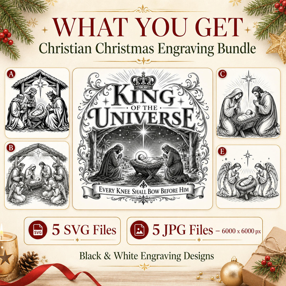 Christian Christmas SVG Bundle: 5 Nativity Laser Engraving Designs