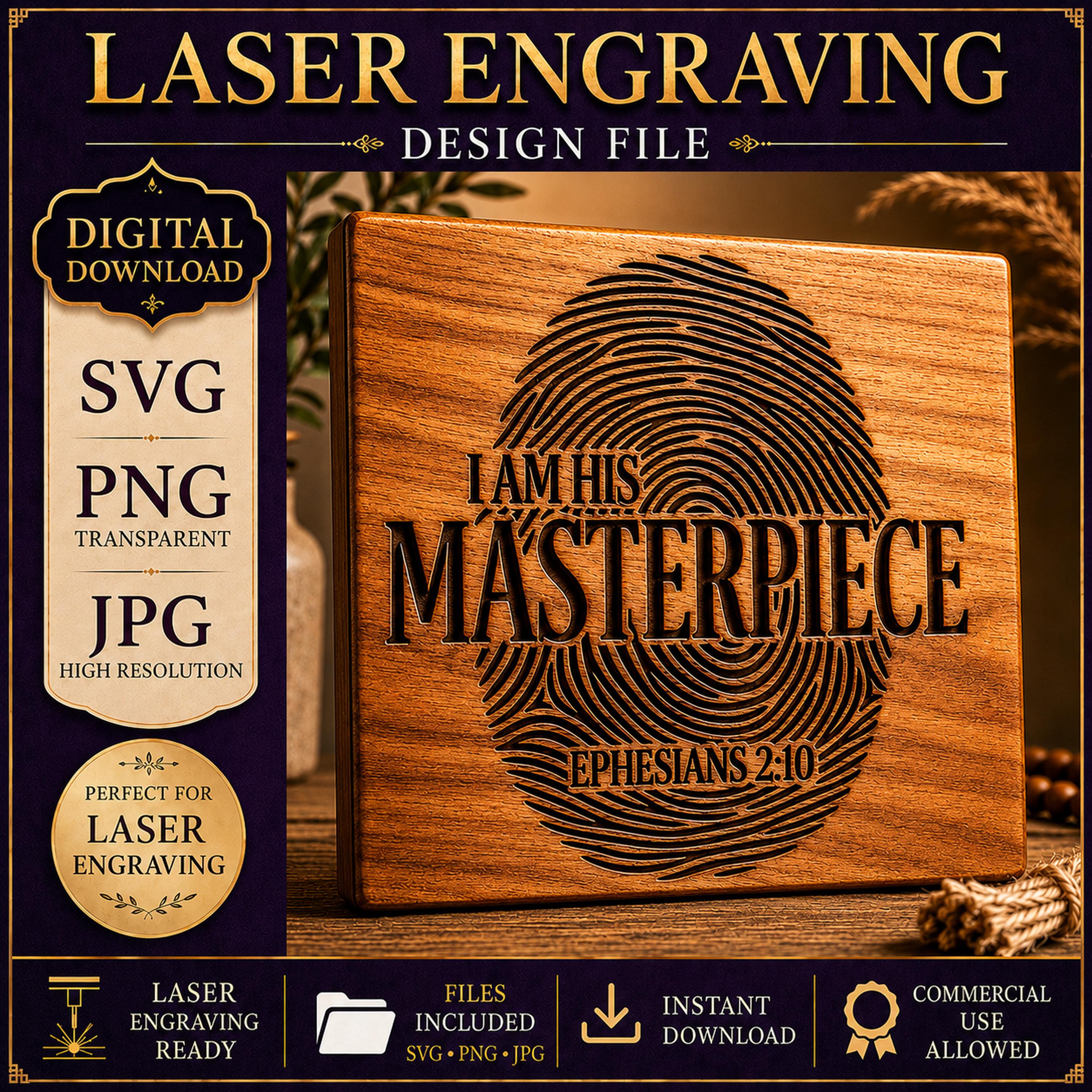 Christian Svg, I Am His Masterpiece, Ephesians 2:10 Fingerprint Design (Digital Download)