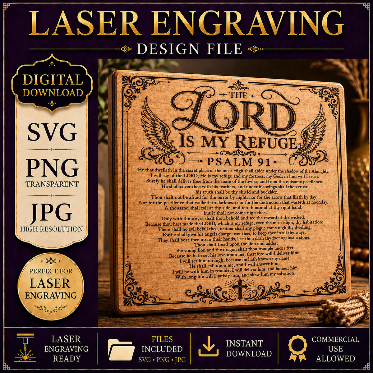 Psalm 91 SVG, Full KJV Protection Prayer Laser Engraving File
