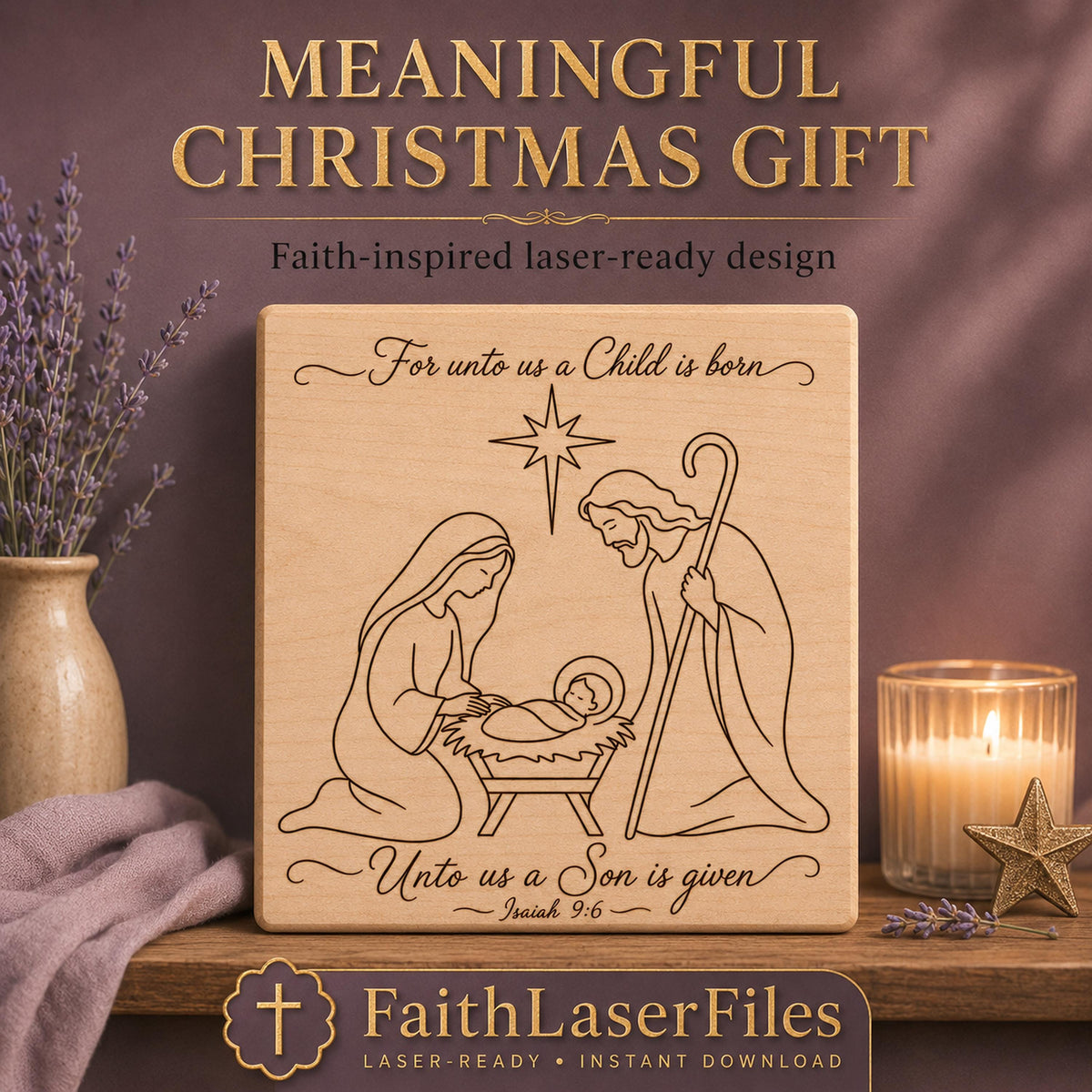 Nativity SVG, For Unto Us a Child Is Born Isaiah 9:6 Christmas Laser File