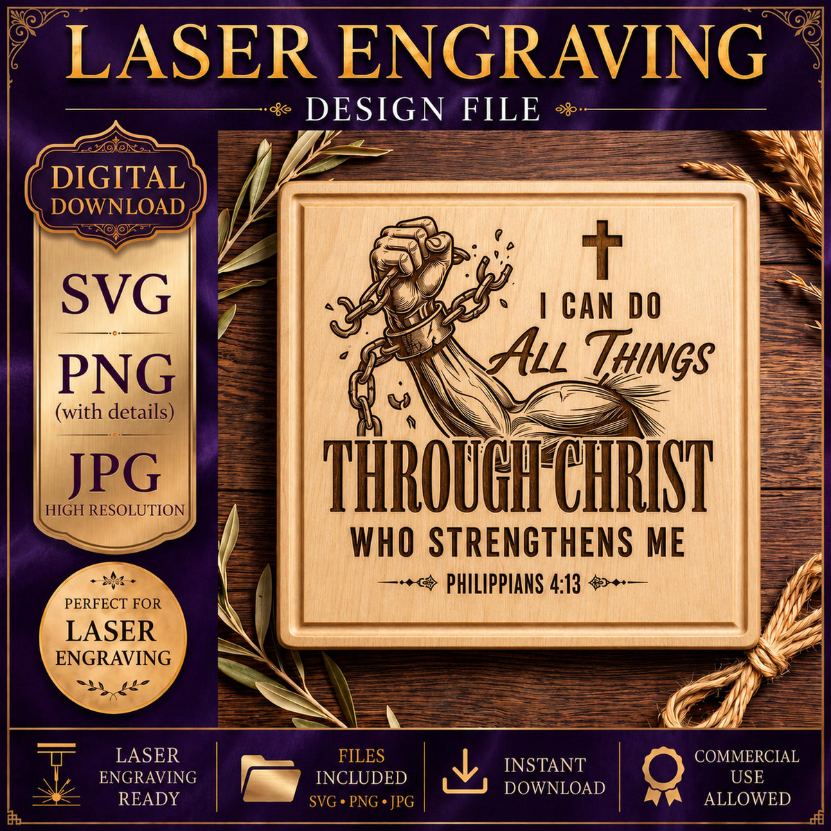 Philippians 4:13 SVG, Christian Strength Design, Breaking Chains, Bible Verse Laser Engraving
