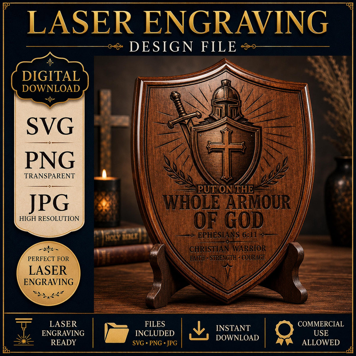 Ephesians 6:11 SVG, Whole Armour of God Warrior Shield, Christian Laser Engraving File