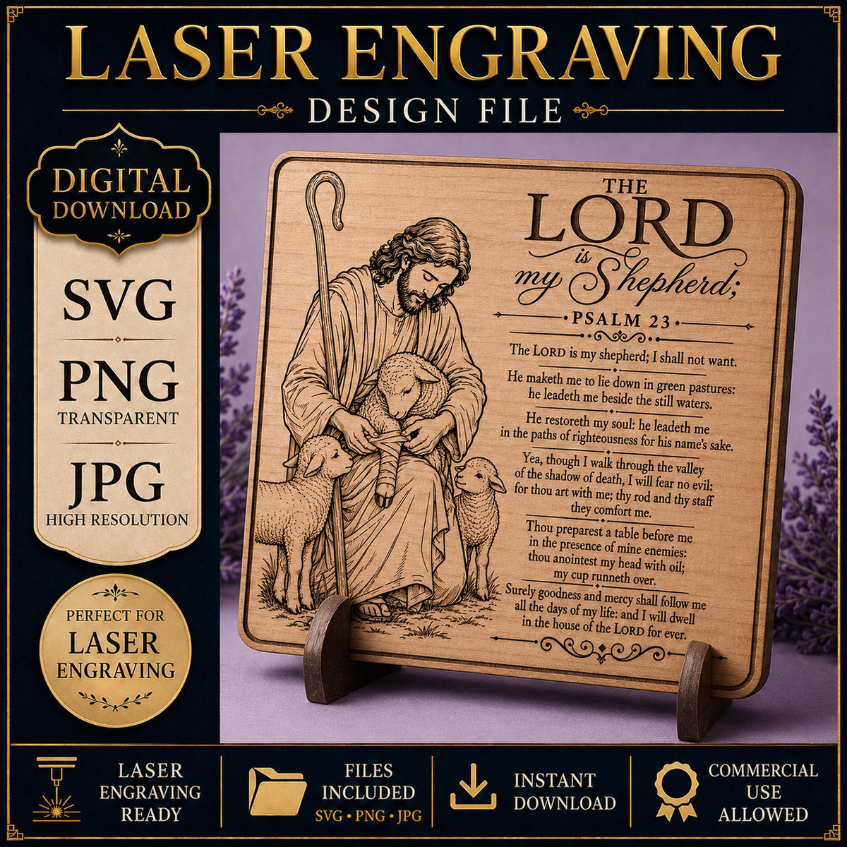 Psalm 23 Shepherd SVG, Christian Laser Engraving File