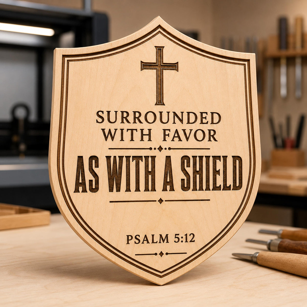 Psalm 5:12 Shield SVG, Surrounded With Favor Christian Cross Laser Engraving File