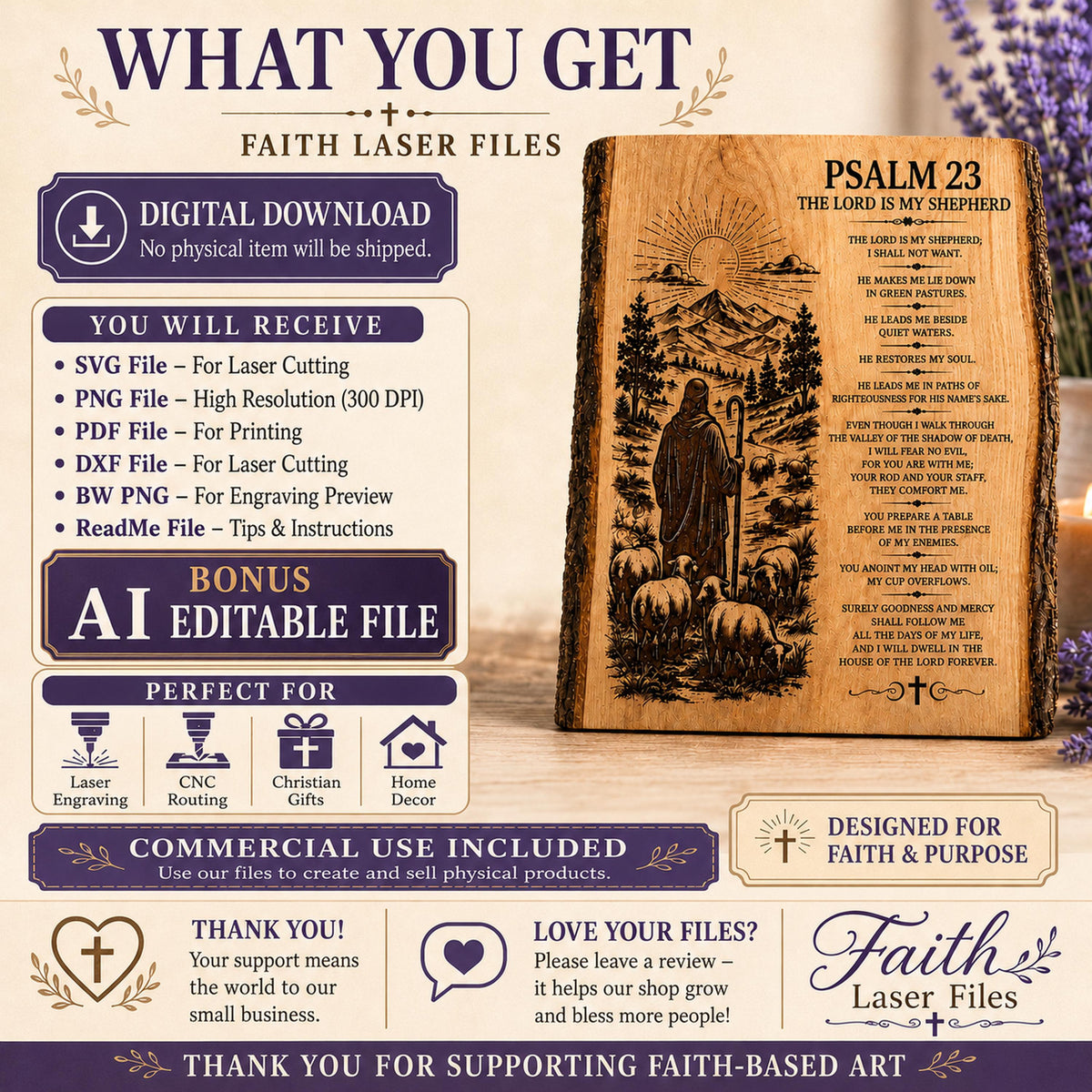 Psalm 23 SVG Laser Engraving File, Christian Shepherd Bible Verse (Digital Download)