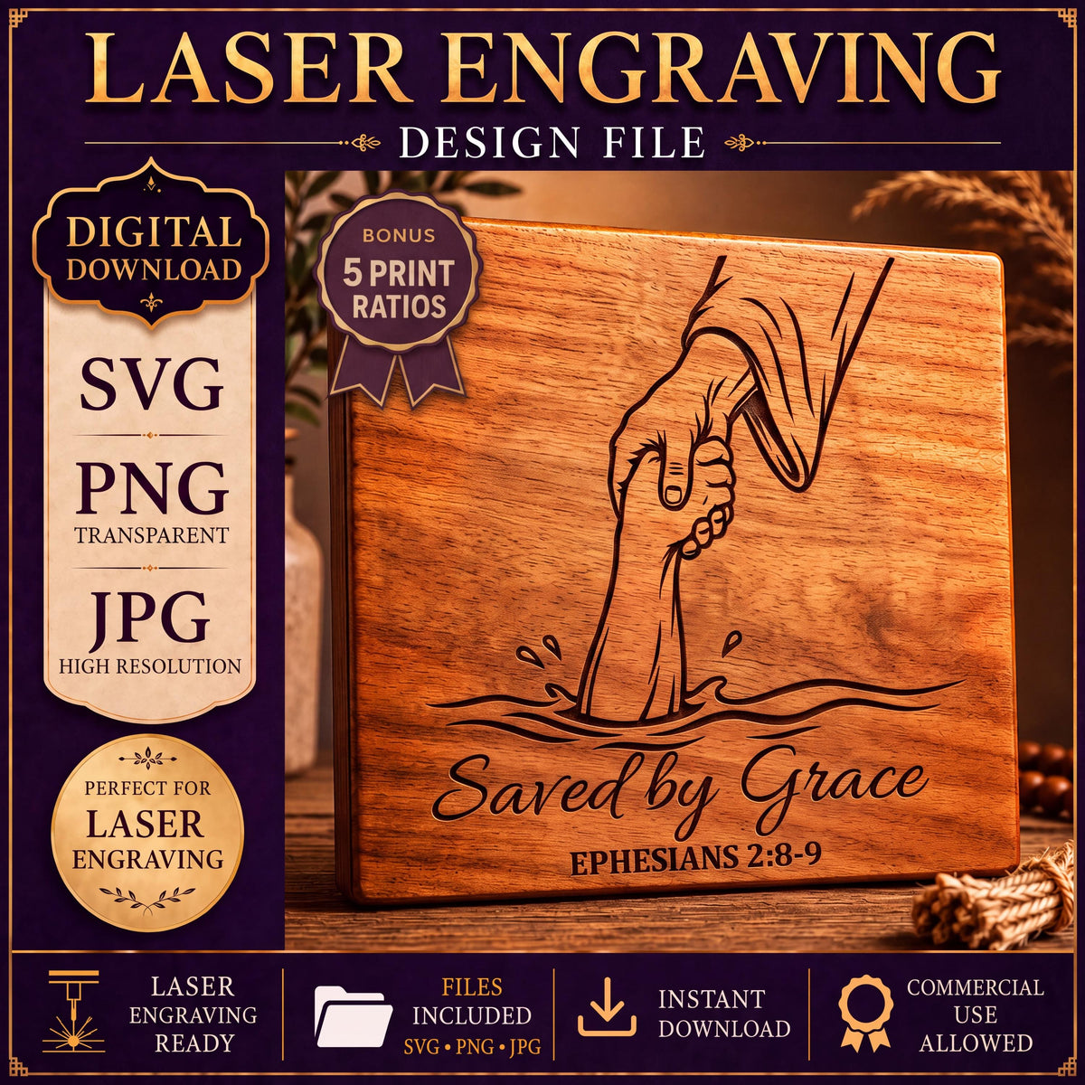 Saved by Grace SVG & PNG, Christian Salvation Design for Laser Engraving and Printing