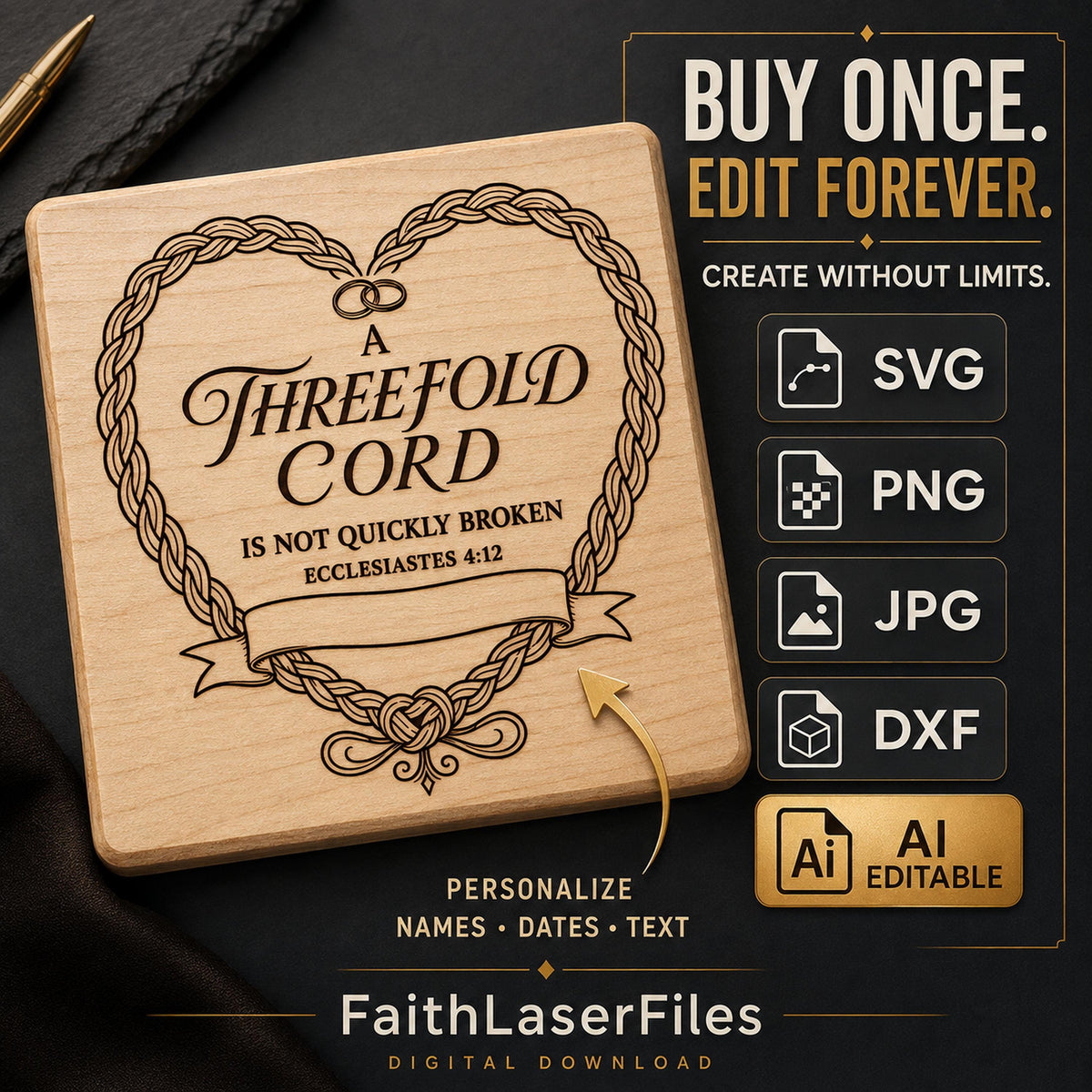 Ecclesiastes 4:12 Wedding SVG – Editable Threefold Cord Laser Engraving Design