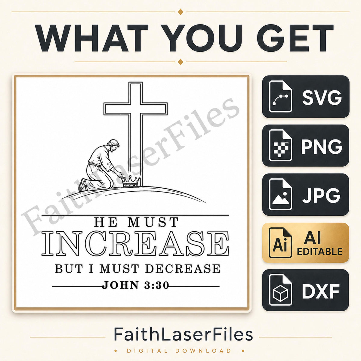 John 3:30 SVG, He Must Increase Christian Bible Verse Laser Engraving, Editable AI File