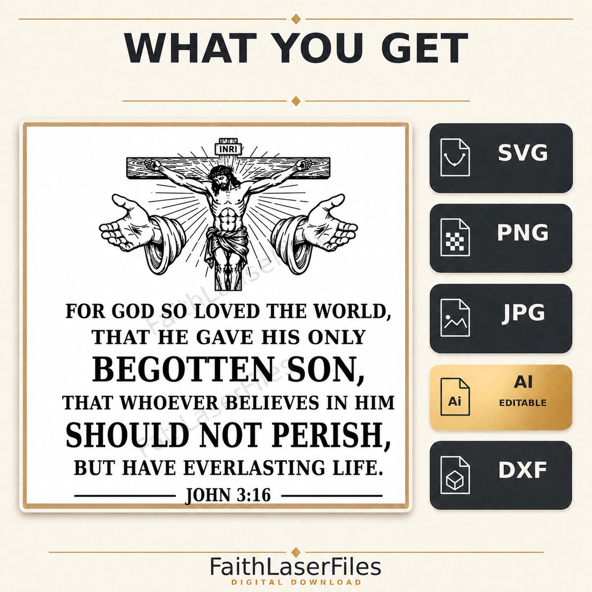 John 3:16 SVG, For God So Loved the World Jesus Cross Laser Engraving File