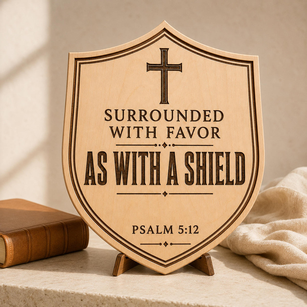 Psalm 5:12 Shield SVG, Surrounded With Favor Christian Cross Laser Engraving File
