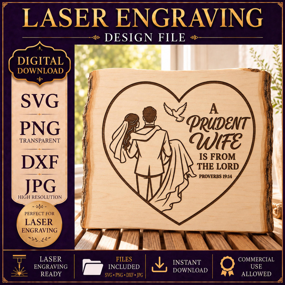 Proverbs 19:14 SVG, Christian Wedding Bible Verse, Bride and Groom Laser File