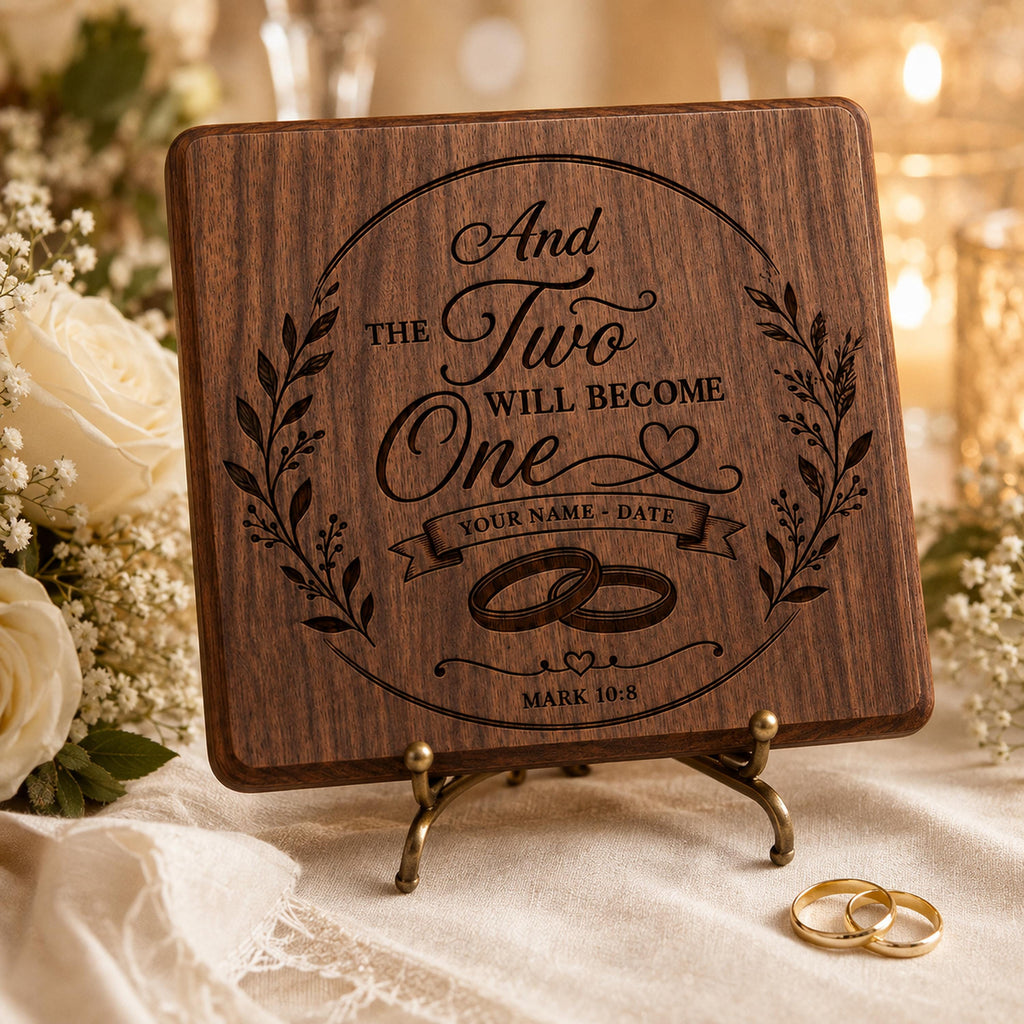 Personalized Wedding SVG, The Two Shall Become One, Christian Marriage Sign, Custom Couple Names, Mark 10:8 Laser Engraving File