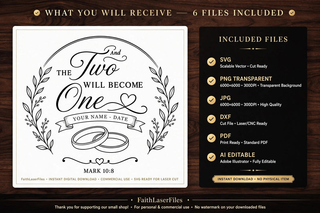 Personalized Wedding SVG, The Two Shall Become One, Christian Marriage Sign, Custom Couple Names, Mark 10:8 Laser Engraving File