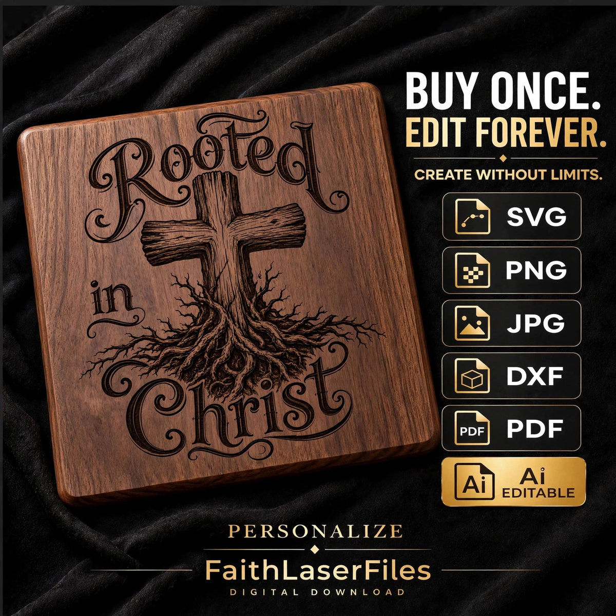 Rooted in Christ SVG, Christian Cross Laser Engraving File