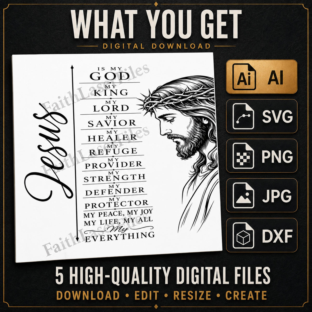 Jesus SVG Christian Wall Art, My God My King My Savior, Christian Quote PNG, Laser Engraving File