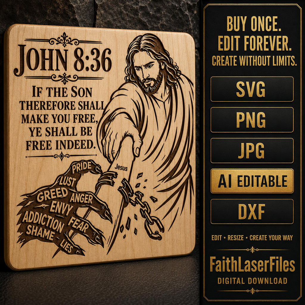 Jesus Freedom SVG, John 8:36 Bible Verse, Free Indeed Christian Wall Art, Addiction Recovery Laser Engraving File