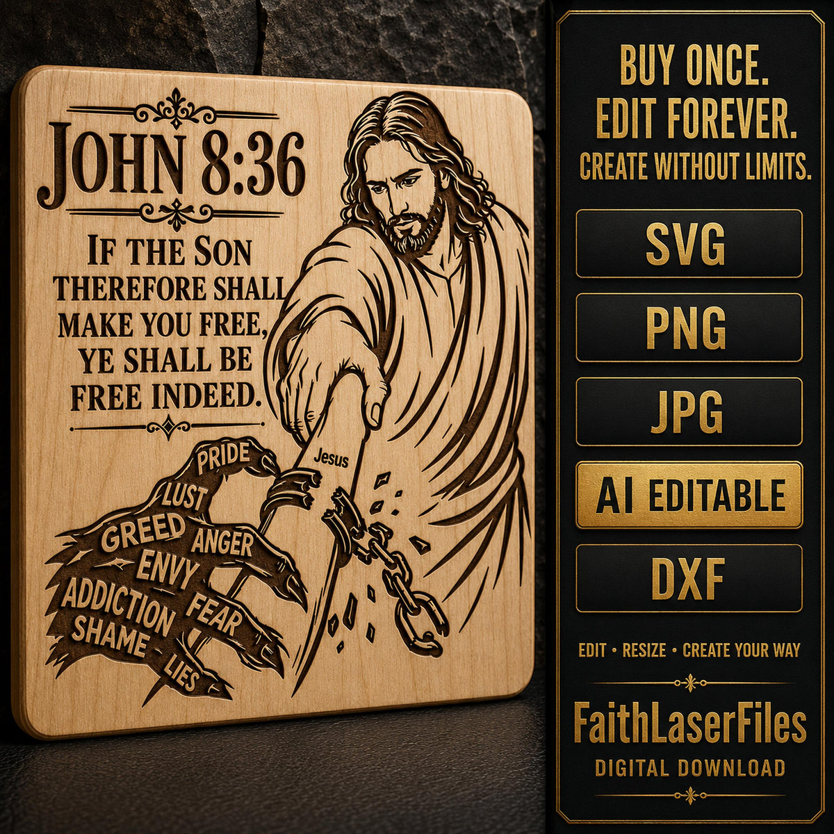 Jesus Freedom SVG, John 8:36 Bible Verse, Free Indeed Christian Wall Art, Addiction Recovery Laser Engraving File