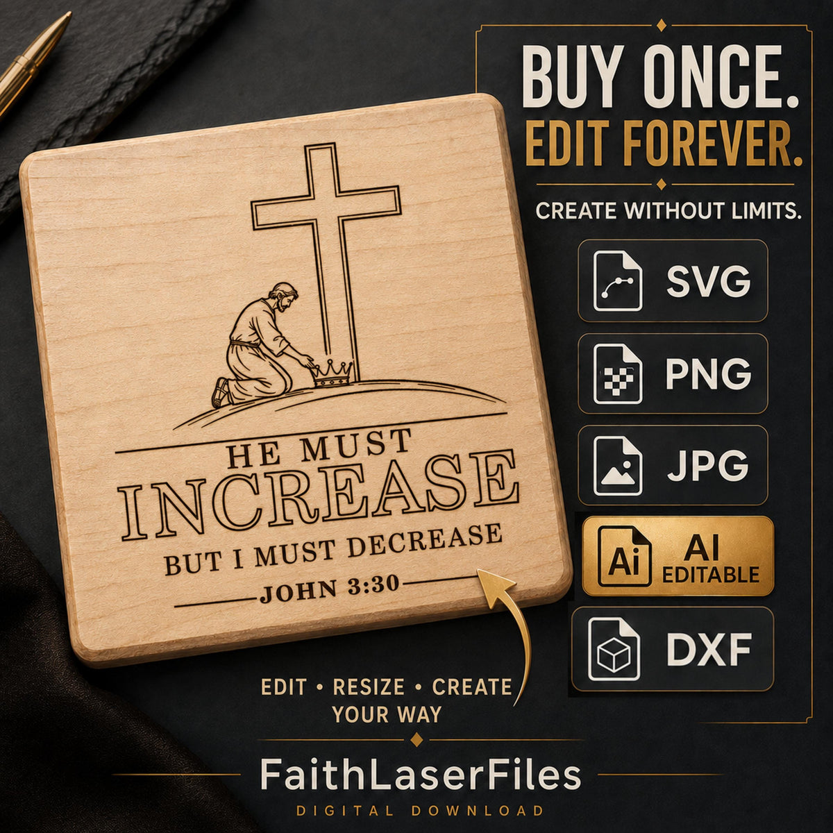 John 3:30 SVG, He Must Increase Christian Bible Verse Laser Engraving, Editable AI File