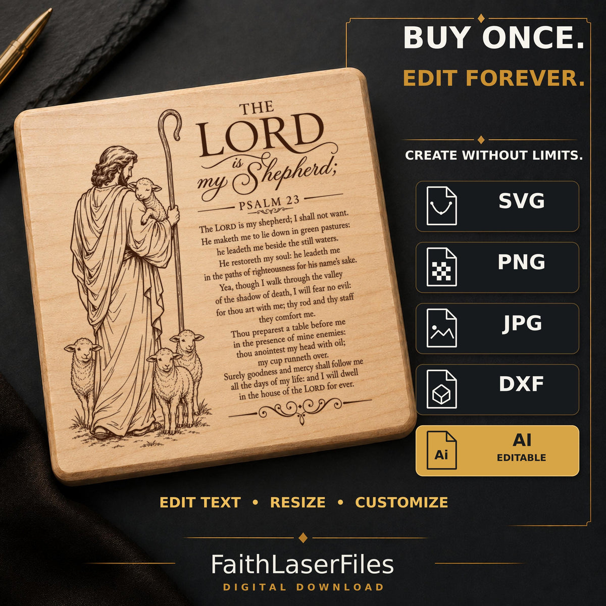 Psalm 23 SVG Shepherd and Three Sheep Full Verse Design
