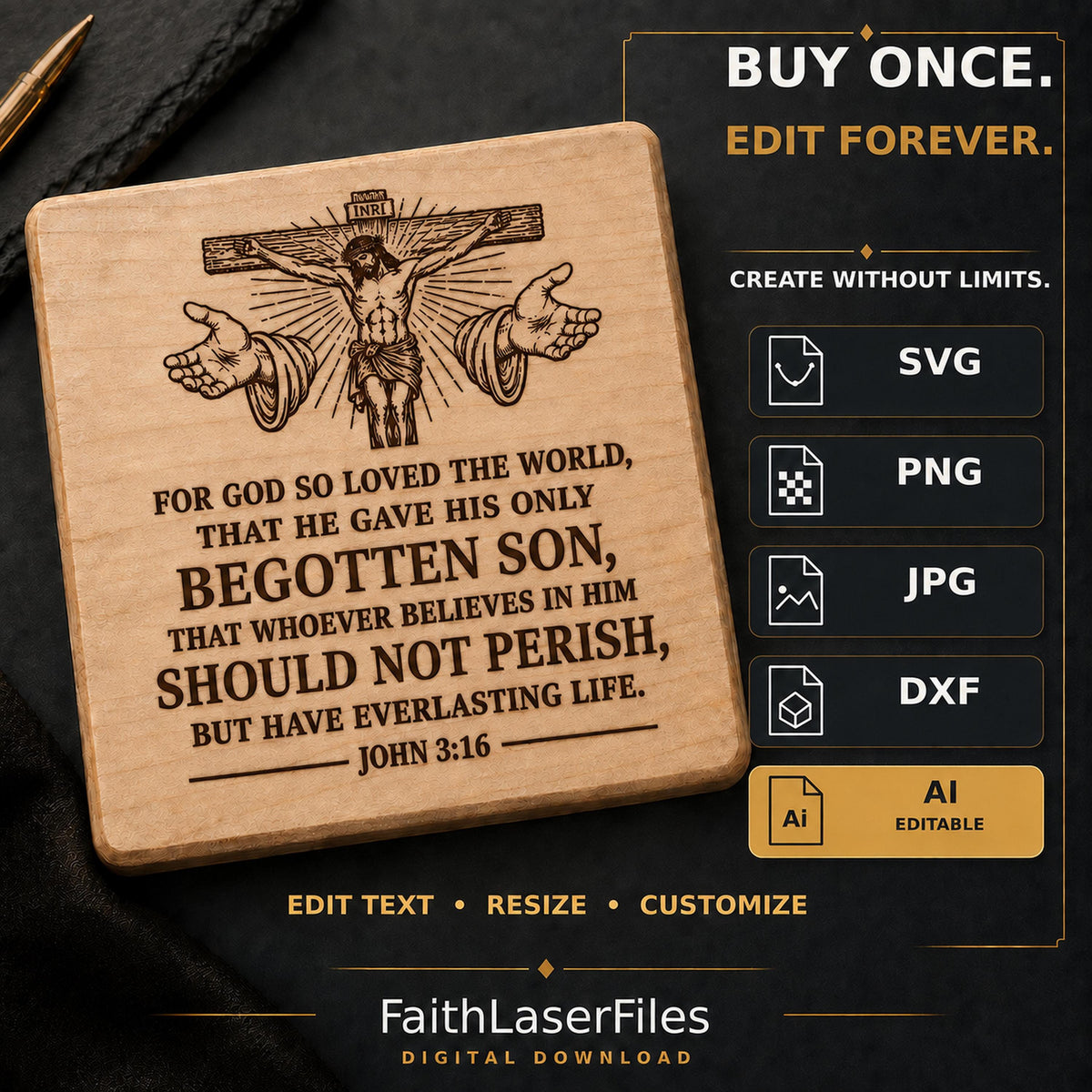 John 3:16 SVG, For God So Loved the World Jesus Cross Laser Engraving File