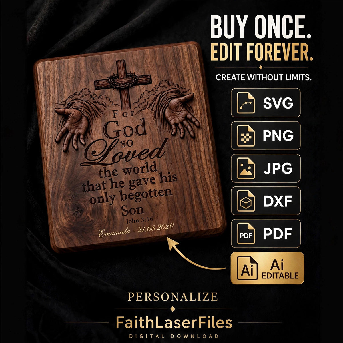 For God So Loved the World SVG, John 3:16 PNG, Christian Bible Verse Design, Jesus Cross Laser Engraving File, Faith Digital Download