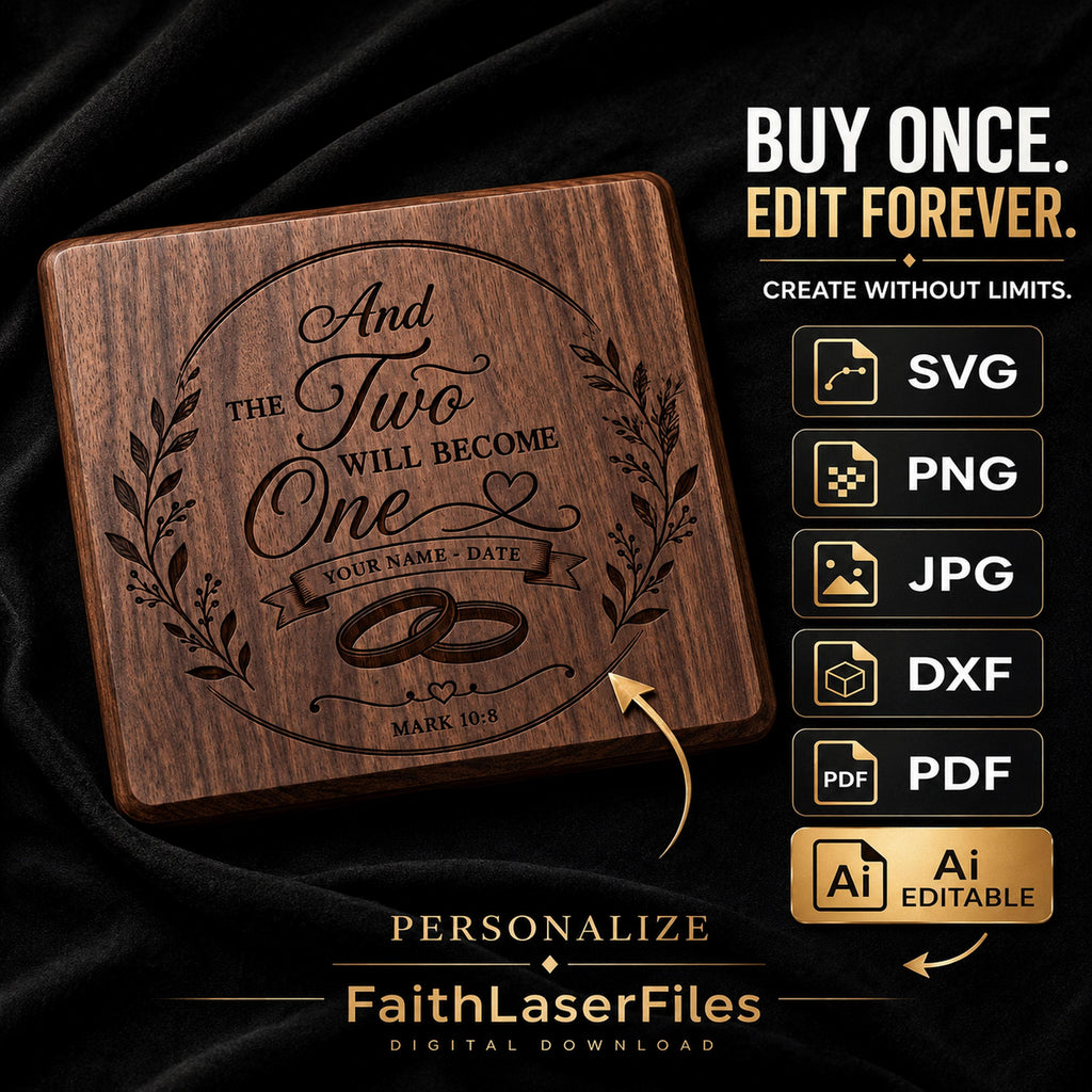 Personalized Wedding SVG, The Two Shall Become One, Christian Marriage Sign, Custom Couple Names, Mark 10:8 Laser Engraving File