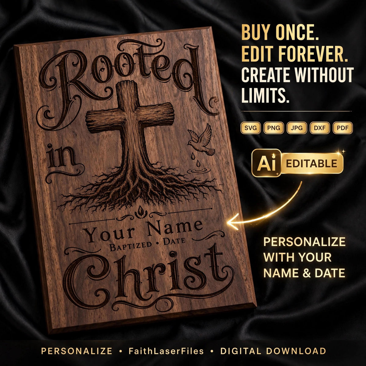 Personalized Baptism SVG, Rooted in Christ Cross Laser File