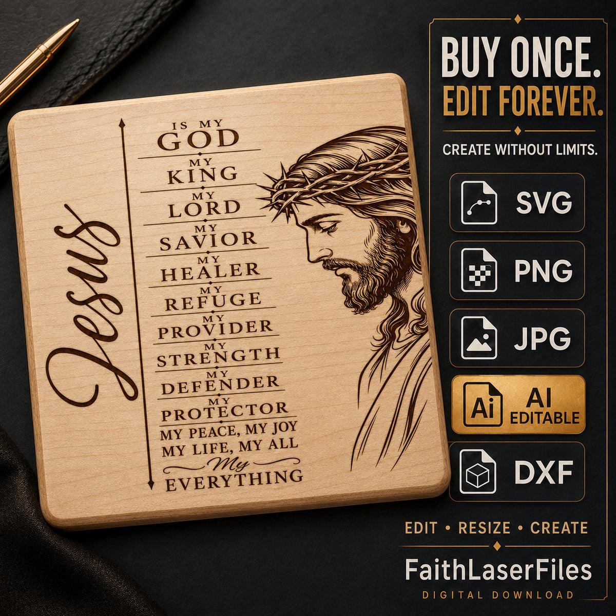 Jesus SVG Christian Wall Art, My God My King My Savior, Christian Quote PNG, Laser Engraving File