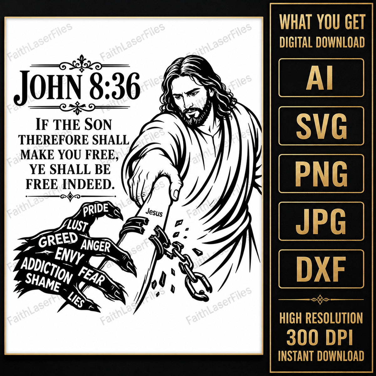 Jesus Freedom SVG, John 8:36 Bible Verse, Free Indeed Christian Wall Art, Addiction Recovery Laser Engraving File