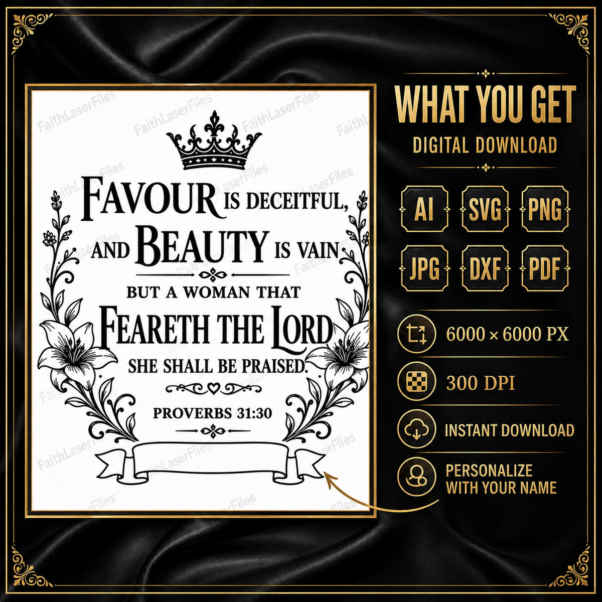 Personalized Proverbs 31:30 SVG, Floral Christian Woman Bible Verse (Digital Download)