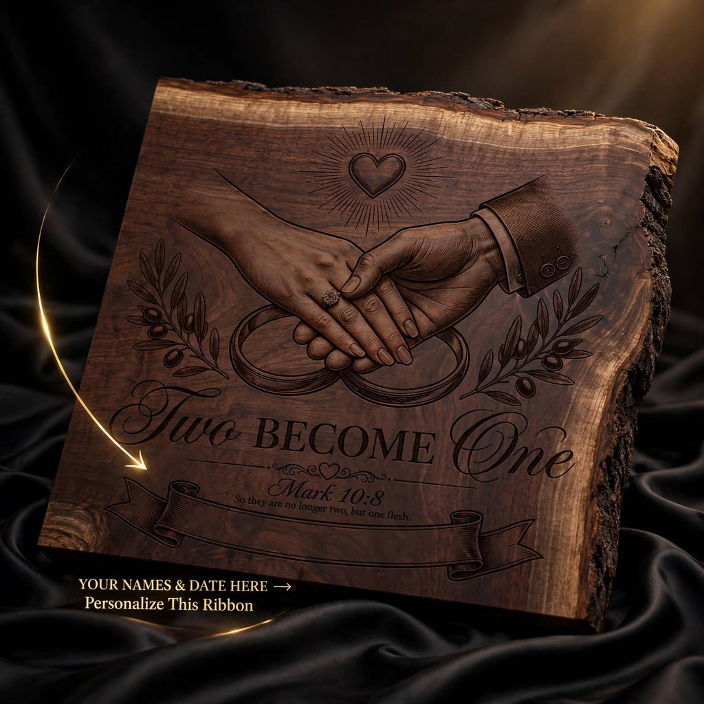 Two Become One Svg File | Mark 10:8 Wedding Laser Engraving | Personalized Unity Sign with Custom Names Ribbon