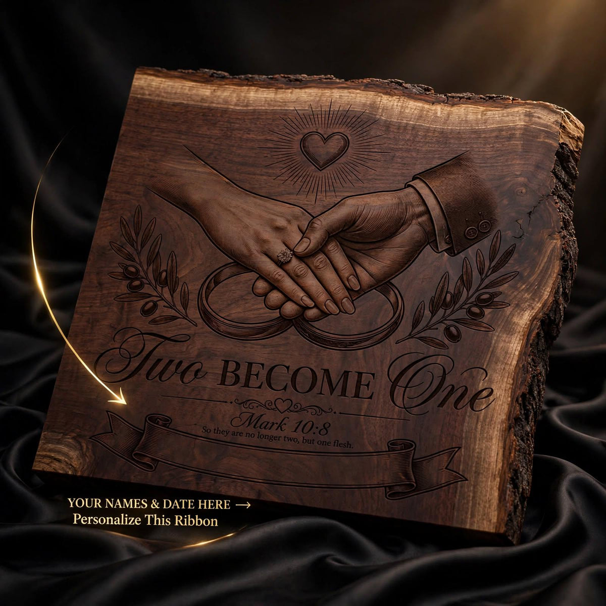Two Become One Svg File | Mark 10:8 Wedding Laser Engraving | Personalized Unity Sign with Custom Names Ribbon