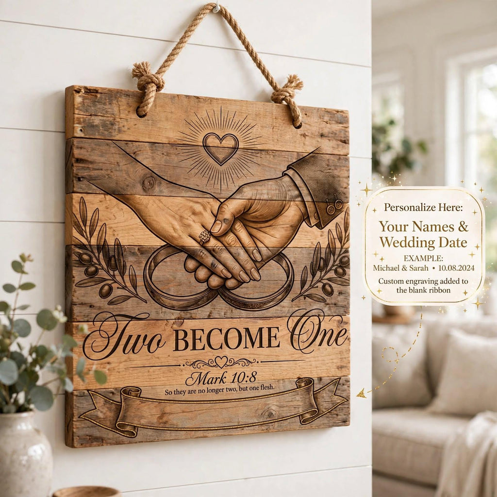 Two Become One Svg File | Mark 10:8 Wedding Laser Engraving | Personalized Unity Sign with Custom Names Ribbon