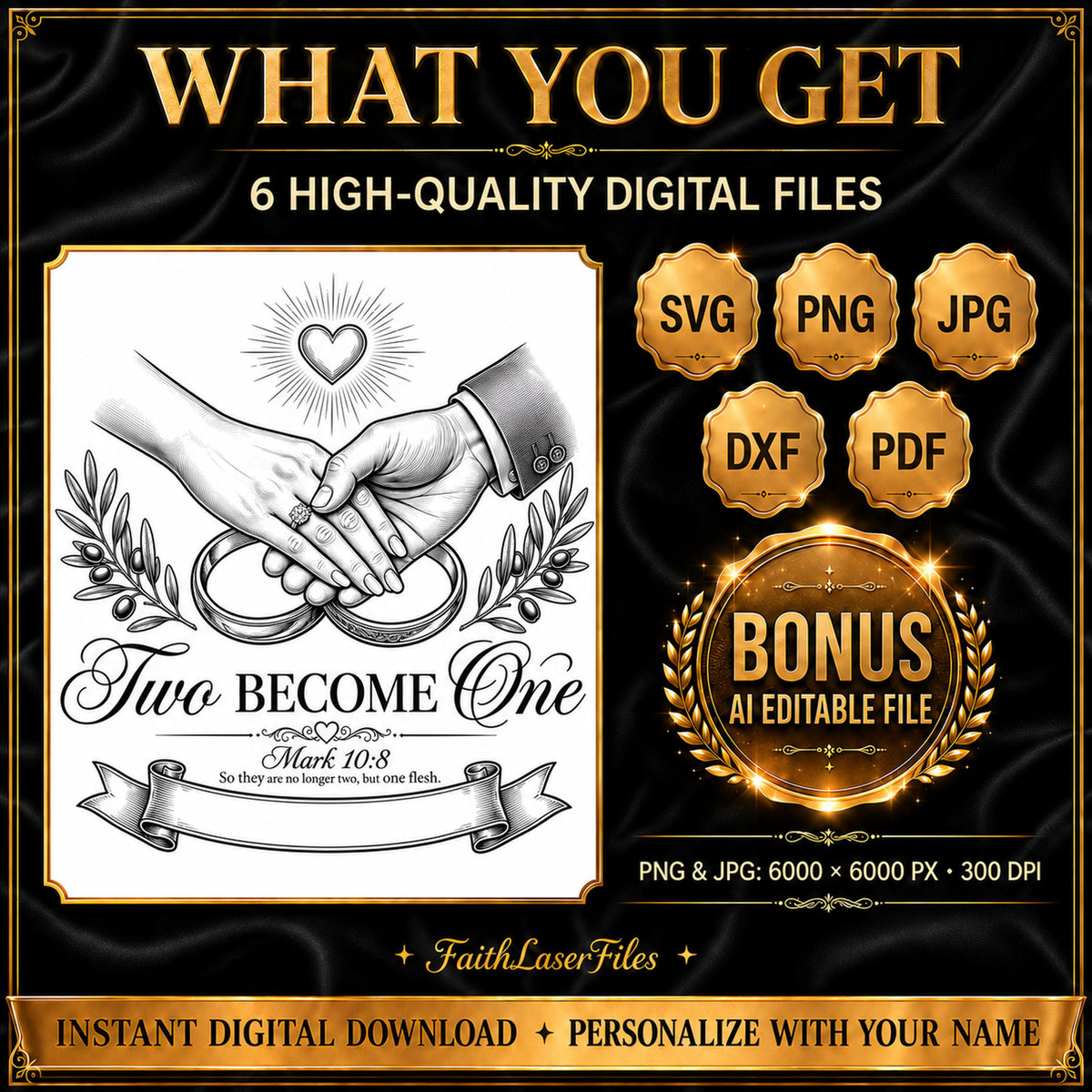 Two Become One Svg File | Mark 10:8 Wedding Laser Engraving | Personalized Unity Sign with Custom Names Ribbon