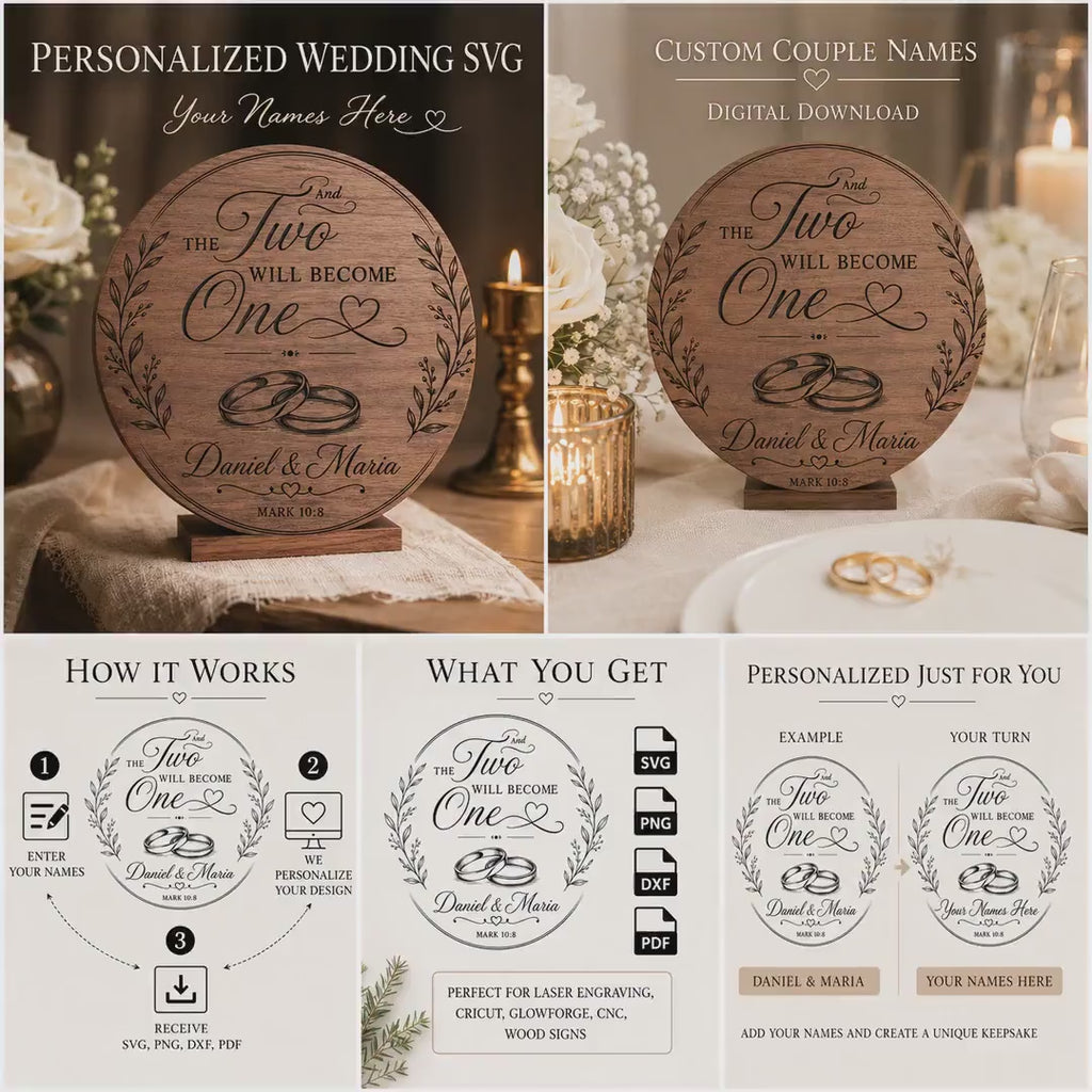 Personalized Wedding SVG, The Two Shall Become One, Christian Marriage Sign, Custom Couple Names, Mark 10:8 Laser Engraving File